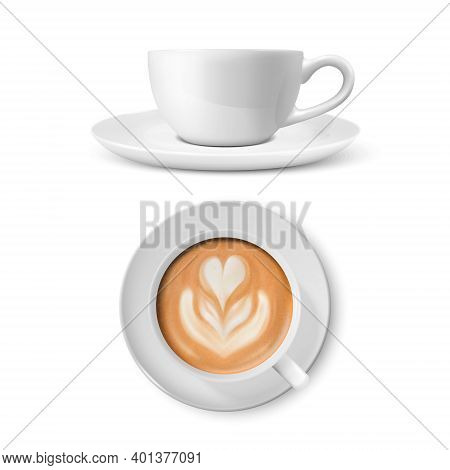 Vector 3d Realistic White Porcelain Ceramic Mug. Milk Coffee, Foam, Flower, Heart Pattern Set Isolat