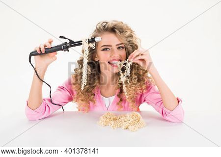 Curlyhair Girl Eating Noodles. Fast Food Noodles. Hairdresser. Hairdresser Tools. Scissors. Hairdres