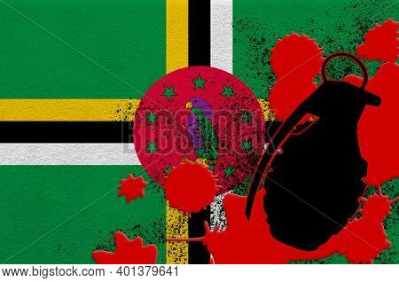 Dominica Flag And Mk2 Frag Grenade In Red Blood. Concept For Terror Attack Or Military Operations Wi