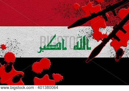 Iraq Flag And Rocket Launchers With Grenades In Blood. Concept For Terror Attack And Military Operat