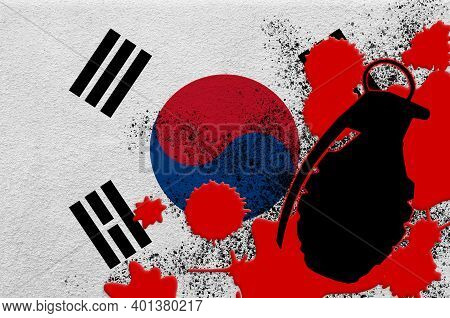 South Korea Flag And Mk2 Frag Grenade In Red Blood. Concept For Terror Attack Or Military Operations