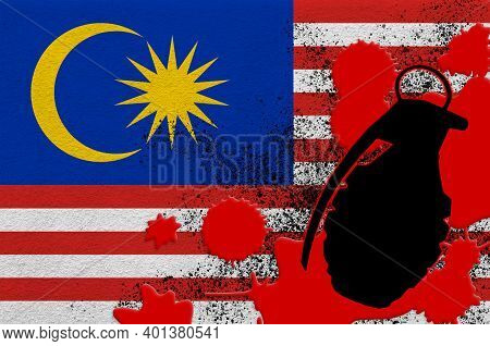 Malaysia Flag And Mk2 Frag Grenade In Red Blood. Concept For Terror Attack Or Military Operations Wi