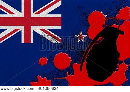 New Zealand Flag And Mk2 Frag Grenade In Red Blood. Concept For Terror Attack Or Military Operations