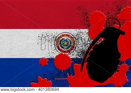 Paraguay Flag And Mk2 Frag Grenade In Red Blood. Concept For Terror Attack Or Military Operations Wi