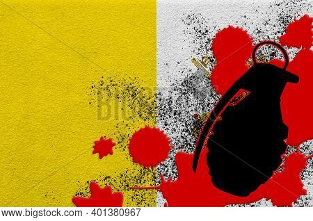 Vatican City State Flag And Mk2 Frag Grenade In Red Blood. Concept For Terror Attack Or Military Ope