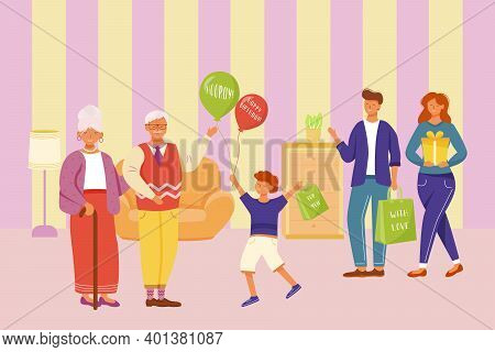 Family Celebration Grandpa Birthday Flat Vector Illustration. Happy Holiday Party. For Granddaddy Wi