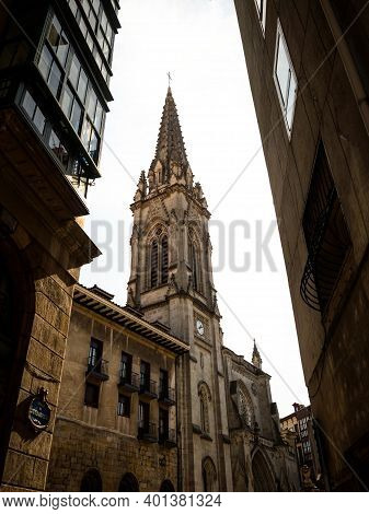 Gothic Roman Catholic Church Bell Tower Of Bilbao Cathedral Donejakue Katedrala In Casco Viejo Distr