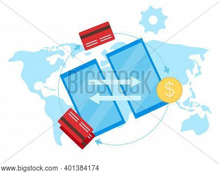 Global Payment System Flat Vector Illustration. International Financial Credit Cards Transaction Car