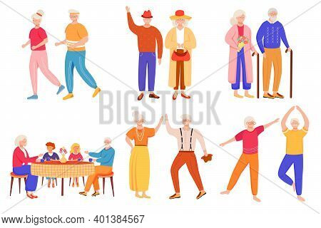 Retired People Flat Vector Illustrations Set. Senior Age Family Romantic Pastime. Healthy Lifestyle.
