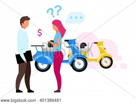 Girl Renting Scooter Flat Vector Illustration. Woman Making Decision, Sales Agent Helping Customer C