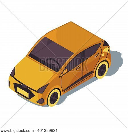 Minivan Isometric Color Vector Illustration. City Transport Infographic. Mini Mpv. Orange Microcar. 
