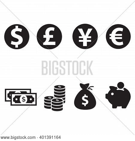 Currency Icon. Isolated Icons Or Signs. Dollar Yuan Euro Pound Publes Signs Or Symbols. Finance, Bus