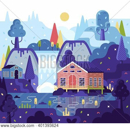 Vector Cartoon Illustration In Flat Cartoon Stile, Suburban Family Home, Mountains, Waterfall, Trees