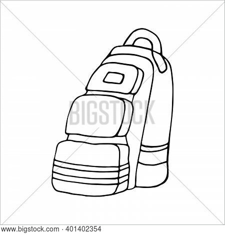 Hand Drawn Vector Camping Backpack Clip Art. Isolated On White Background Drawing For Prints, Poster