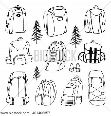 Big Hand Drawn Vector Camping Backpacks Clip Art Set. Isolated On White Background Drawing For Print