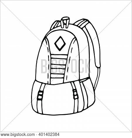 Hand Drawn Vector Camping Backpack Clip Art. Isolated On White Background Drawing For Prints, Poster