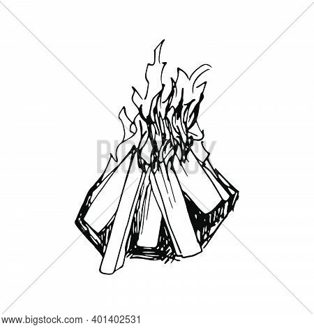 Hand Drawn Vector Campfire Clip Art. Isolated On White Background Drawing For Prints, Poster, Cute S