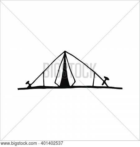 Hand Drawn Vector Camp Tent Clip Art. Isolated On White Background Drawing For Prints, Poster, Cute