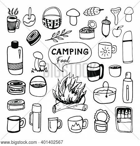 Huge Hand Drawn Vector Camping Food And Drink Clip Art Set. Isolated On White Background Drawing For