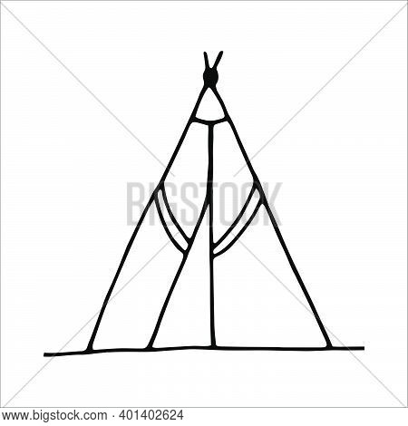 Hand Drawn Vector Camp Tent Clip Art. Isolated On White Background Drawing For Prints, Poster, Cute