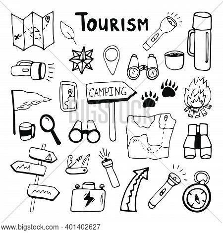 Big Hand Drawn Vector Camping Navigation Clip Art Set. Isolated On White Background Drawing For Prin