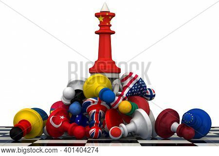 The Dominance Of China In Geopolitics. Chess Figure - King In China Flag Colors On The Top Of A Pile