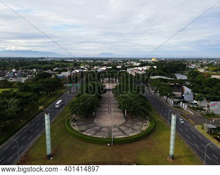Aerial View Of Grandwisata Bekasi, Builidings, Park, Roundabout With Bekasi Cityscape Background. Ja