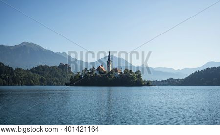 Panoramic View Of Lake Bled Island Blejsko Jezero Upper Carniolan Julian Alps Mountains In Slovenia 