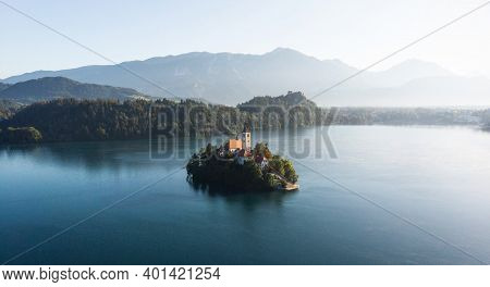 Aerial View Of Lake Bled Island Blejsko Jezero Upper Carniolan Julian Alps Mountains In Slovenia Eur