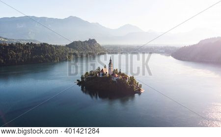 Aerial View Of Lake Bled Island Blejsko Jezero Upper Carniolan Julian Alps Mountains In Slovenia Eur