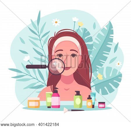 Skincare Flat Cartoon Composition With Young Woman Examining Her Face With Magnifier Closeup Beauty 