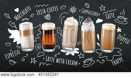 Coffee Drinks Realistic Concept With Latte Frappe And Espresso Vector Illustration