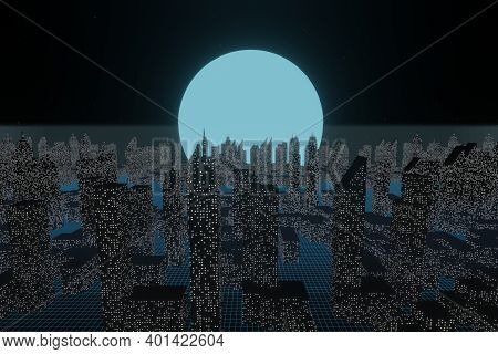Abstract Futuristic Sci-fi Glowing City Landscap With Moon Night Sky Background 3d Rendering