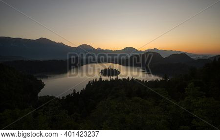 Panoramic Sunrise View Of Lake Bled Island Blejsko Jezero From Osojnica Viewpoint Hill Upper Carniol