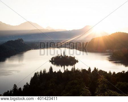 Panoramic Sunrise View Of Lake Bled Island Blejsko Jezero From Osojnica Viewpoint Hill Upper Carniol