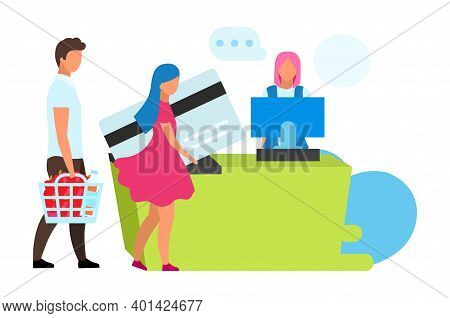 Family At Cash Desk Flat Vector Illustration. Couple And Cashier In Grocery Store Cartoon Characters