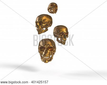 Antique Gold Skulls 3d Render In White Background