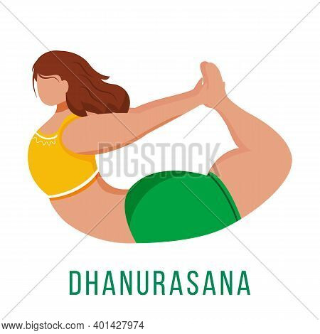 Dhanurasana Flat Vector Illustration. Bow Pose. Caucausian Woman Performing Yoga Posture In Green An