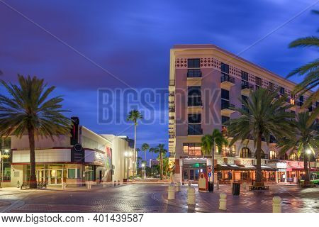 West Palm Beach, Florida, USA on Clematis Avenue during twilight.
