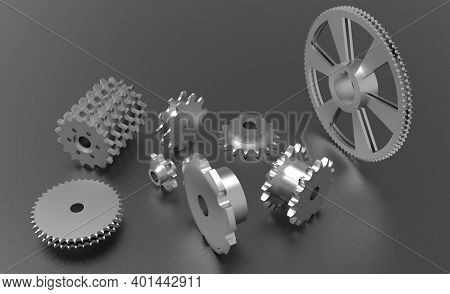 Sprockets And Gears - Theses Parts Are Used In Roller Chain And Conveyor Chain - 3d Render