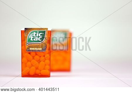 Kharkov, Ukraine - November 24, 2020: Tic Tac Drops With Orange Flavour. Tic Tacs Are Manufactured B