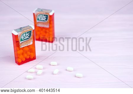 Kharkov, Ukraine - November 24, 2020: Tic Tac Drops With Orange Flavour. Tic Tacs Are Manufactured B