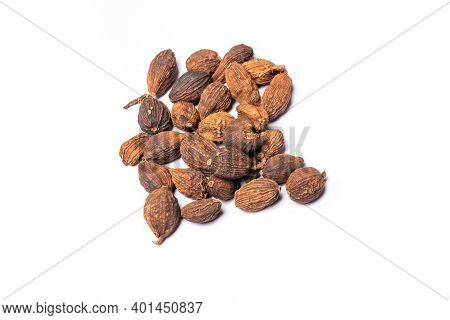 Black Cardamom, Latin Name: Amomum Subulatum On A White Background Close-up View
