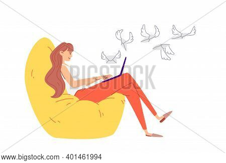 The Girl Sends Internet Letters Online. A Young Woman In Red Trousers Sits In A Large Soft Armchair 