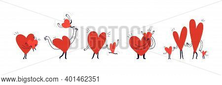 Set Of Cartoon Family Hearts. Doodle Style Pastime For Happy Parents And Their Children. Collection 