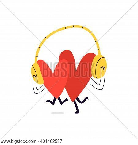 Loving Cartoon Hearts In The Same Headphones For Two. Characters In The Form Of Hearts Are Listening