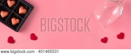 Valentine's Day Dating Gift With Wine And Rose Concept On Pink Background