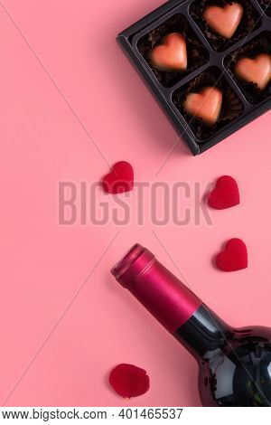 Valentine's Day Dating Gift With Wine And Rose Concept On Pink Background