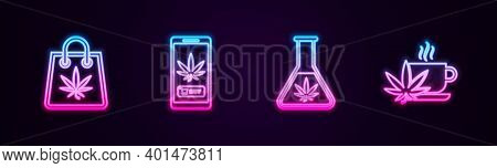 Set Line Shopping Bag Of Marijuana, Online Buying, Test Tube With And Cup Tea. Glowing Neon Icon. Ve