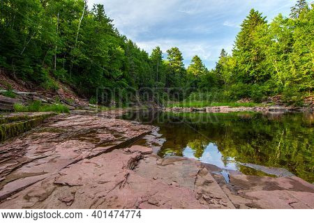 Forest River Landscape. Boreal Forest Wilderness Scene And River On The Prickett River In The Upper 